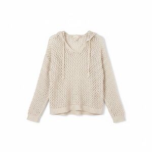Nicole Miller Artelier Cream Open-Knit Crochet Hoodie Sweater M Boho Coastal